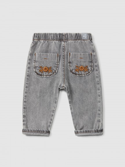 Organic cotton denim pull-up pants with embroidery detail