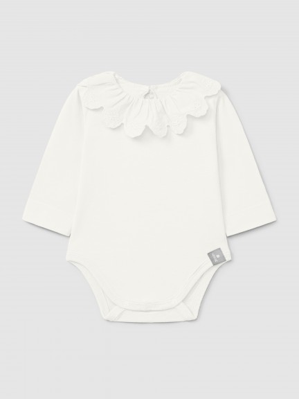 Organic cotton bodysuit with ruffled collar English embroidery