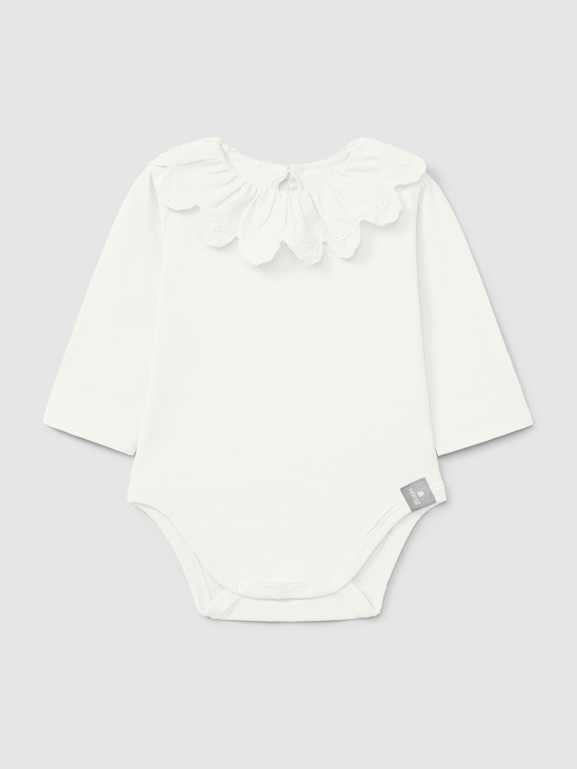 Organic cotton bodysuit with ruffled collar English embroidery