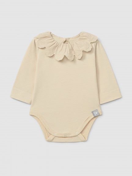 Organic cotton bodysuit with ruffled collar English embroidery