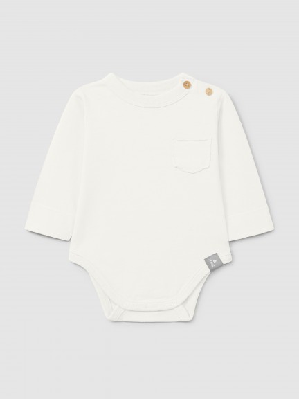 Organic cotton collarless bodysuit with pocket