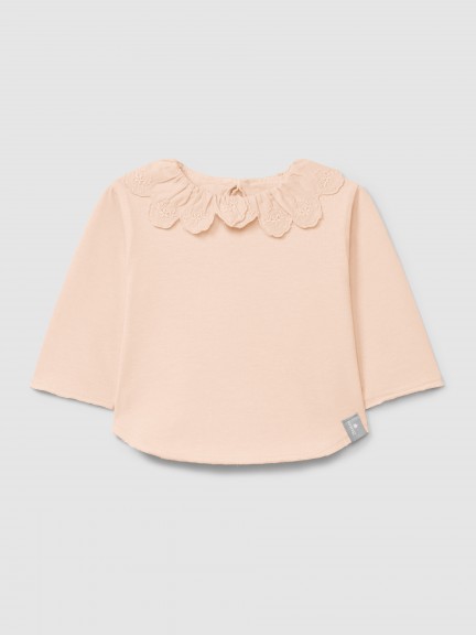Organic cotton longsleeve with ruffled English embroidery collar