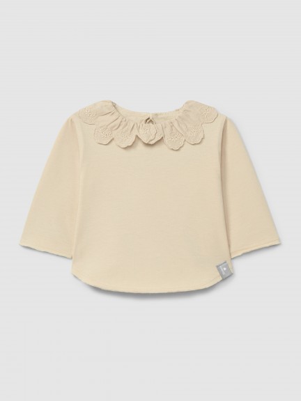 Organic cotton longsleeve with ruffled English embroidery collar