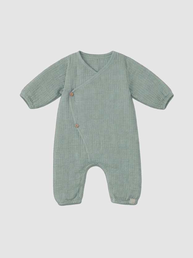 Double gauze crossover romper with cotton padding Double gauze crossover romper with cotton padding