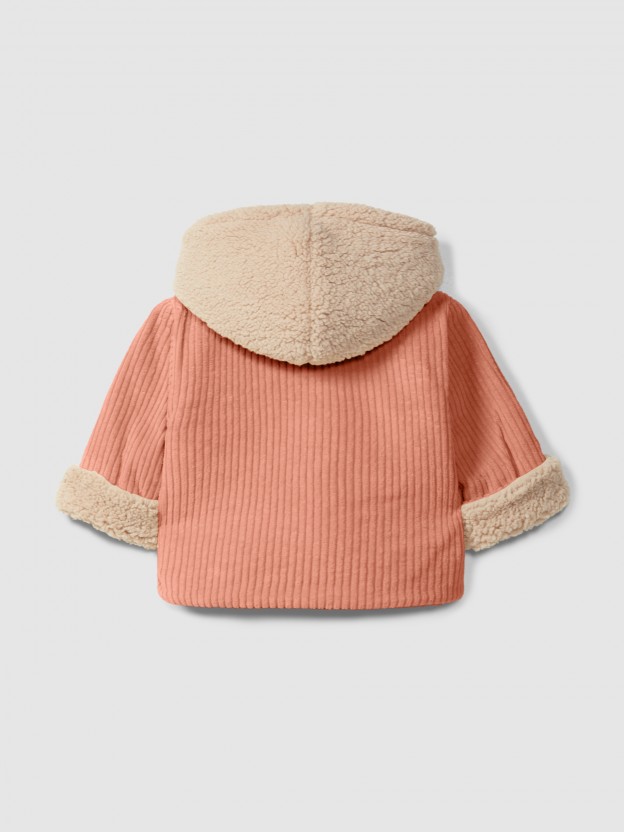 Ribbed velvet hooded jacket with pocket