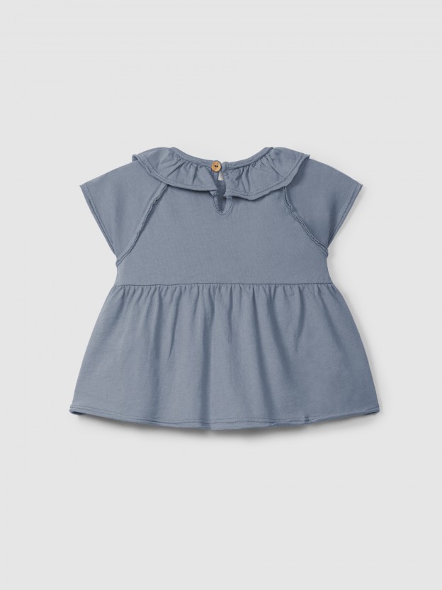 Plain jersey T-shirt with ruffled collar