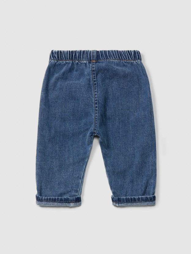 Organic cotton denim pull-up pants with embroidery detail Organic cotton denim pull-up pants with embroidery detail