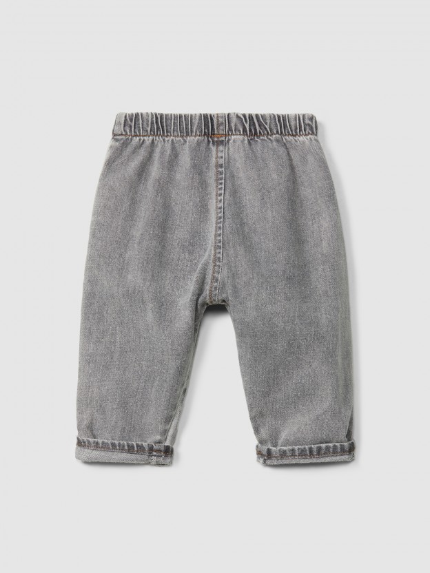 Organic cotton denim pull-up pants with embroidery detail Organic cotton denim pull-up pants with embroidery detail