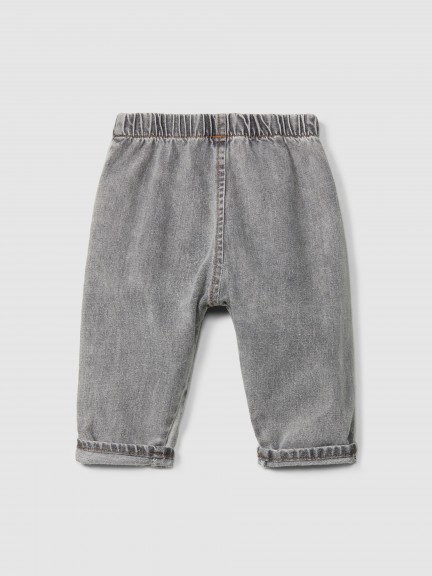 Organic cotton denim pull-up pants with embroidery detail Organic cotton denim pull-up pants with embroidery detail