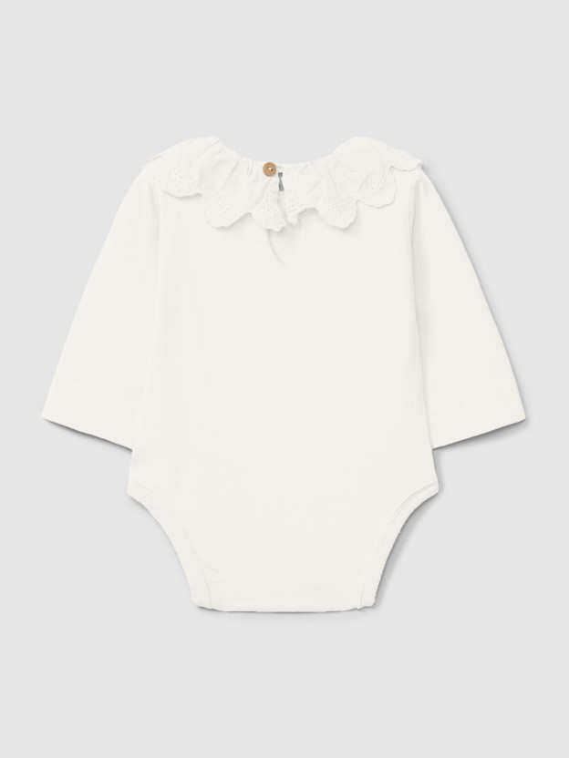 Organic cotton bodysuit with ruffled collar English embroidery Organic cotton bodysuit with ruffled collar English embroidery